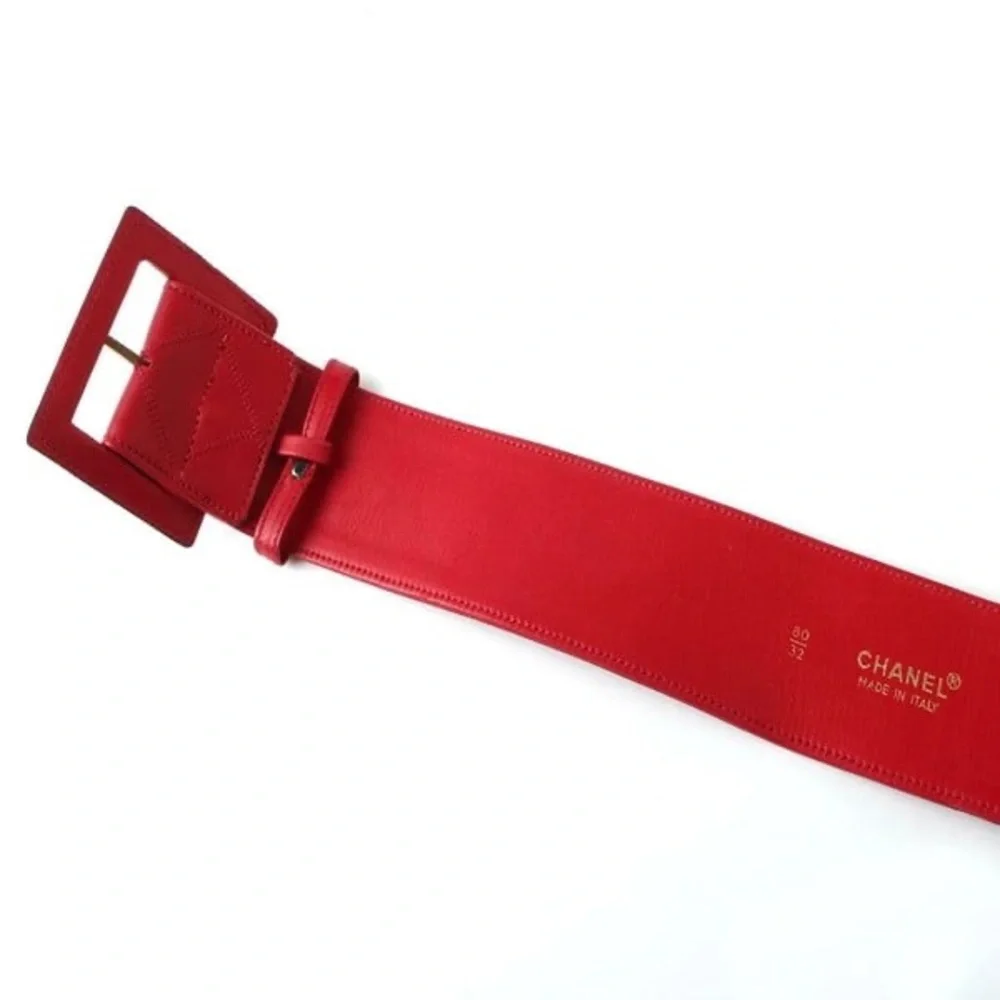 Authentic CHANEL wide red leather gold hardware vintage belt 80cm